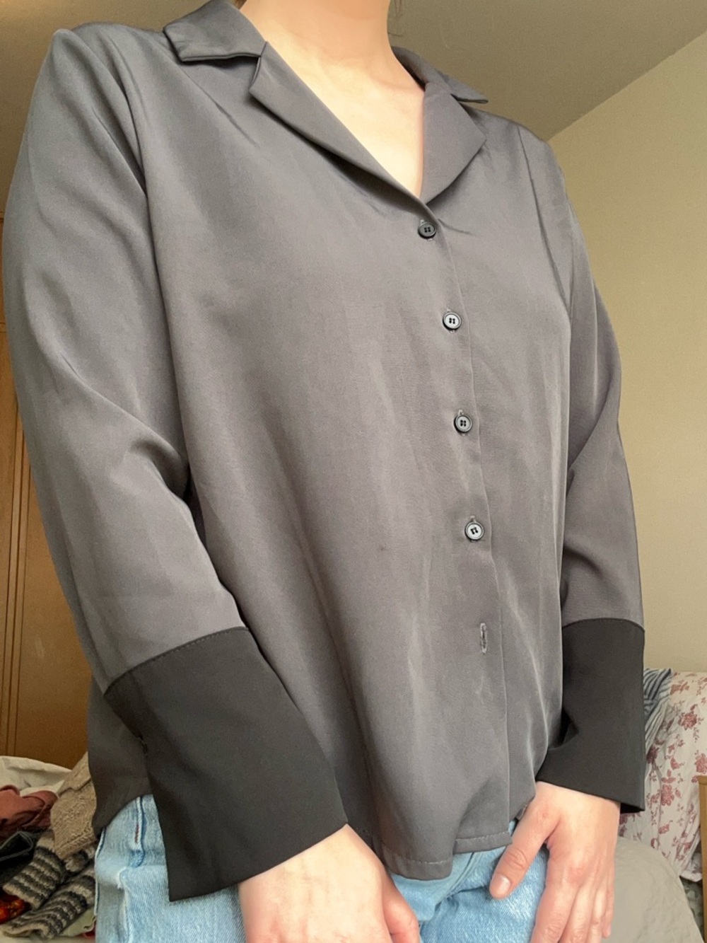 Gray Button-Front Women's Blouse with Contrast Cuffs